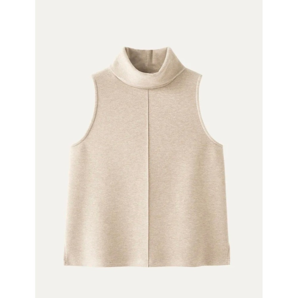 OGL Women Small Heather Beige Sleeveless Turtleneck Top Center Seam Split Hem